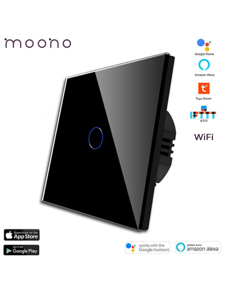 Întrerupător smart WiFi touch simplu TUYA, panou sticlă, nul opțional, Moono, negru