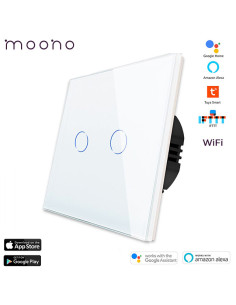 Întrerupător smart WiFi touch dublu TUYA, panou sticlă, nul opțional, Moono, alb