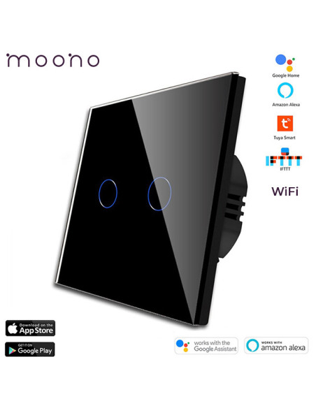 Întrerupător smart WiFi touch dublu TUYA, panou sticlă, nul opțional, Moono, negru