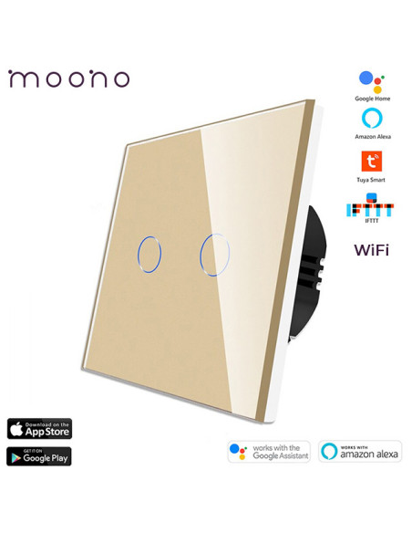 Întrerupător smart WiFi touch dublu TUYA, panou sticlă, nul opțional, Moono, auriu