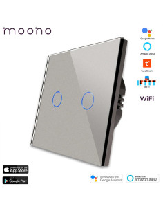 Întrerupător smart WiFi touch dublu TUYA, panou sticlă, nul opțional, Moono, gri