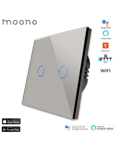 Întrerupător smart WiFi touch dublu TUYA, panou sticlă, nul opțional, Moono, gri