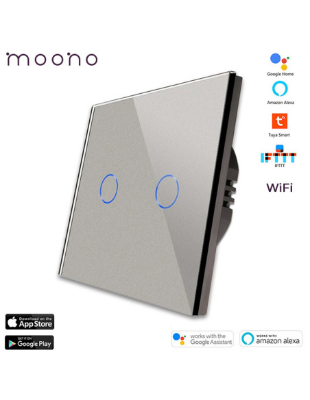 Întrerupător smart WiFi touch dublu TUYA, panou sticlă, nul opțional, Moono, gri