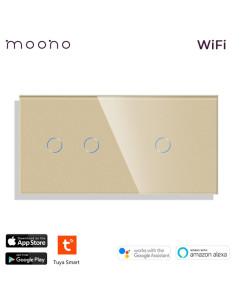 Întrerupător smart WiFi touch dublu + simplu TUYA, panou sticlă, nul opțional, Moono, auriu