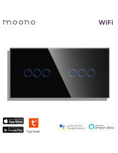 Întrerupător smart WiFi touch triplu + triplu TUYA, panou sticlă, nul opțional, Moono, negru