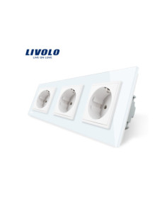 Priză triplă Schuko cu Ramă din sticlă Livolo, alb