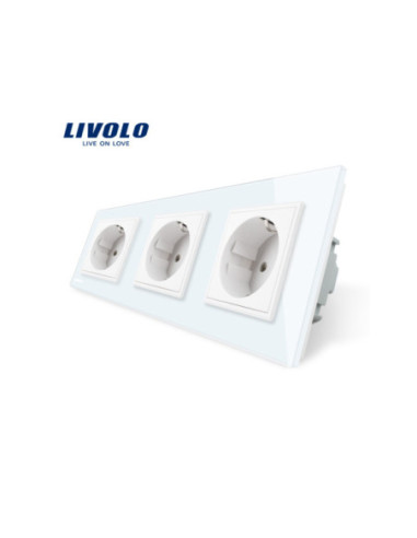 Priză triplă Schuko cu Ramă din sticlă Livolo, alb