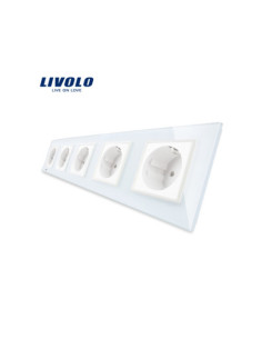 Priză cvintuplă Schuko cu Ramă din sticlă Livolo, alb