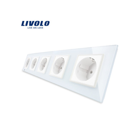 Priză cvintuplă Schuko cu Ramă din sticlă Livolo, alb
