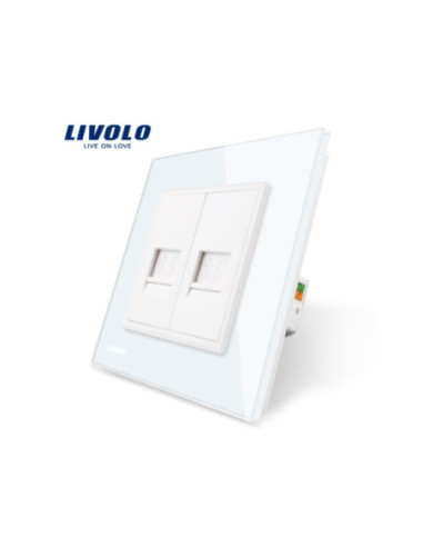 Priză dublă Telefon RJ11 + Date RJ45 Cat6 cu ramă din sticlă Livolo, alb