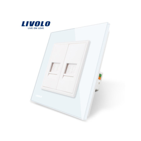Priză dublă Telefon RJ11 + Date RJ45 Cat6 cu ramă din sticlă Livolo, alb
