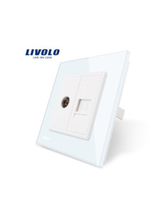Priză dublă TV + Telefon RJ11 cu ramă din sticlă Livolo, alb