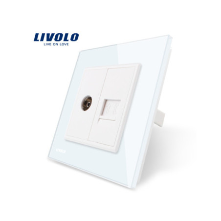 Priză dublă TV + Telefon RJ11 cu ramă din sticlă Livolo, alb