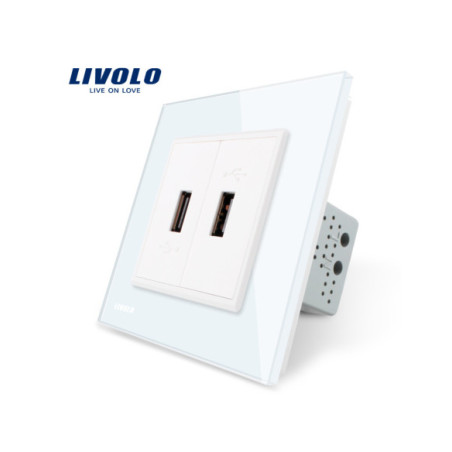 Priză dublă USB Tip A cu ramă din sticlă Livolo, alb