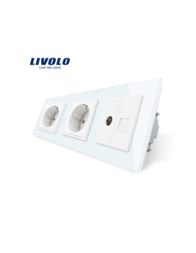 Priză triplă 2x Schuko + TV + Date RJ45 CAT6 cu ramă din sticlă Livolo, alb