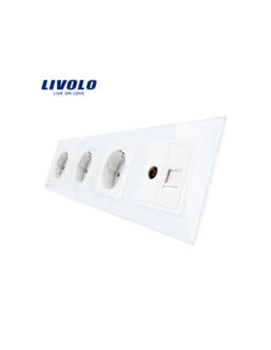 Priză cvadruplă 3x Schuko + TV + Date RJ45 CAT6 cu ramă din sticlă Livolo, alb