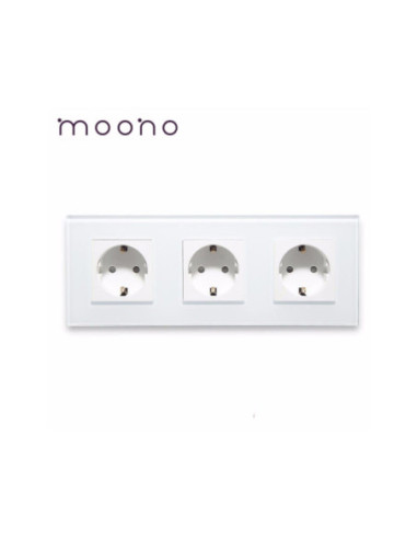 Priză triplă Schuko, ramă sticlă, Moono, alb
