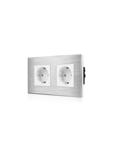 Priză Schuko dublă, ramă aluminiu, Moono, alb (pentru 2 doze)