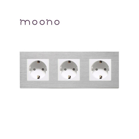 Priză Schuko triplă, ramă aluminiu, Moono, alb