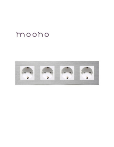 Priză Schuko cvadruplă, ramă aluminiu, Moono, alb