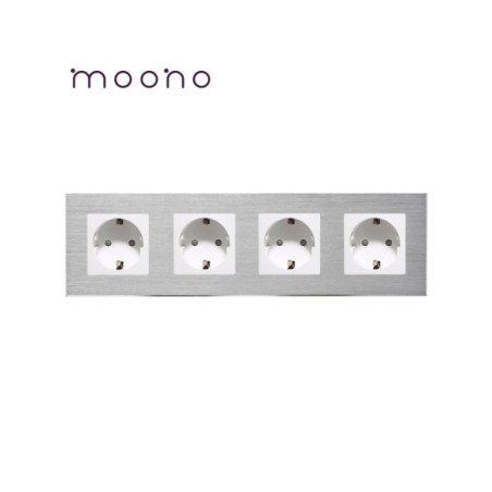 Priză Schuko cvadruplă, ramă aluminiu, Moono, alb