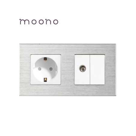 Priză Schuko + TV, ramă aluminiu, Moono, alb