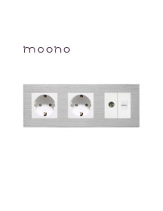 Priză dublă Schuko + TV + Date RJ45 CAT5e, ramă aluminiu, Moono, alb