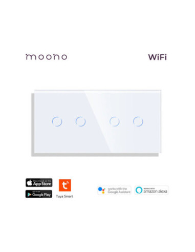Întrerupător smart WiFi touch dublu + dublu TUYA, panou sticlă, nul opțional, Moono, alb