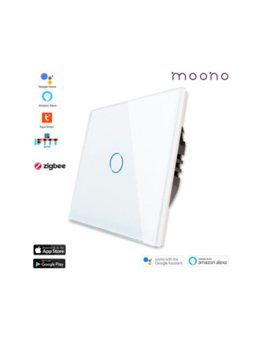 Întrerupător smart Zigbee touch simplu TUYA, panou sticlă, cu nul, Moono, alb