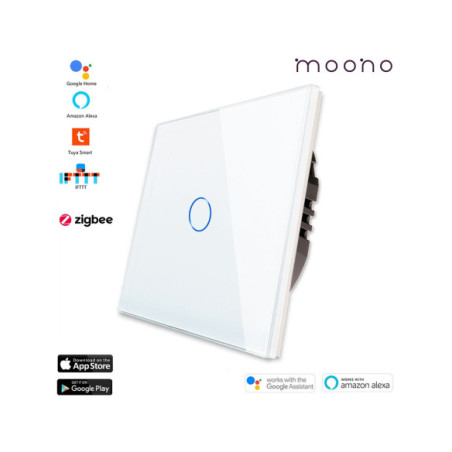 Întrerupător smart Zigbee touch simplu TUYA, panou sticlă, cu nul, Moono, alb