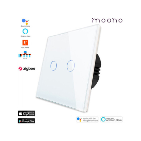 Întrerupător smart Zigbee touch dublu TUYA, panou sticlă, cu nul, Moono, alb