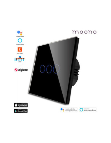 Întrerupător smart Zigbee touch triplu TUYA, panou sticlă, cu nul, Moono, alb