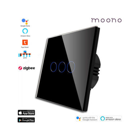 Întrerupător smart Zigbee touch triplu TUYA, panou sticlă, cu nul, Moono, alb