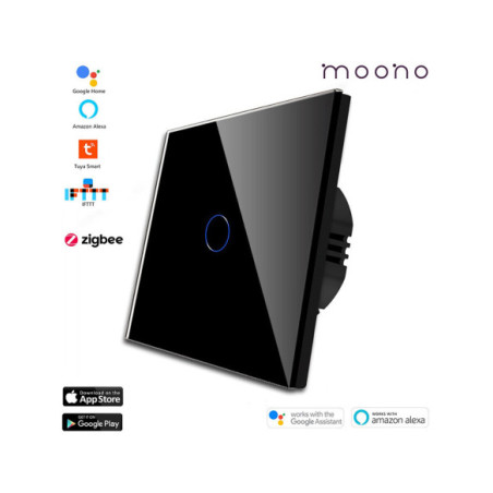 Întrerupător smart Zigbee touch simplu TUYA, panou sticlă, fără nul, Moono, alb