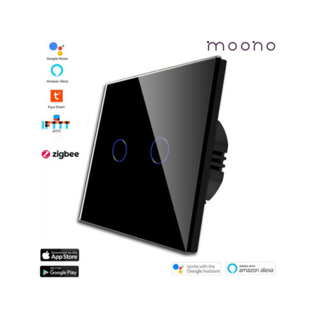 Întrerupător smart Zigbee touch dublu TUYA, panou sticlă, fără nul, Moono, alb