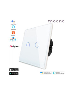 Întrerupător smart Zigbee touch dublu TUYA, panou sticlă, fără nul, Moono, alb