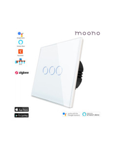 Întrerupător smart Zigbee touch triplu TUYA, panou sticlă, fără nul, Moono, alb