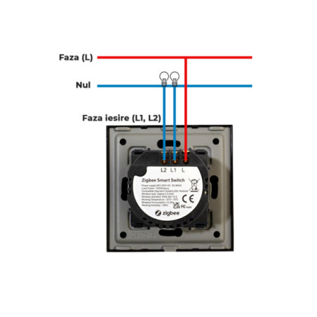 Modul întrerupător smart Zigbee touch dublu, TUYA, fără nul, Moono