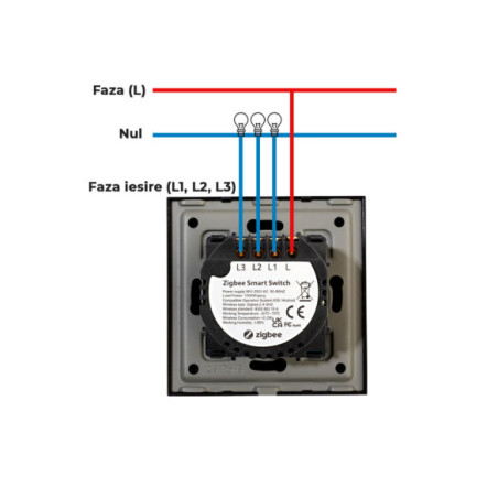 Modul întrerupător smart Zigbee touch triplu, TUYA, fără nul, Moono