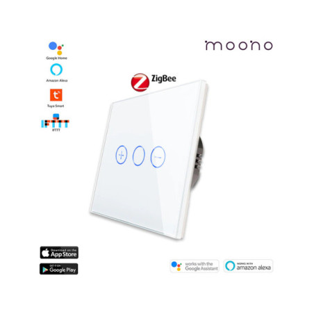 Întrerupător smart Zigbee touch dimmer (variator) TUYA, panou sticlă, cu nul, Moono, alb