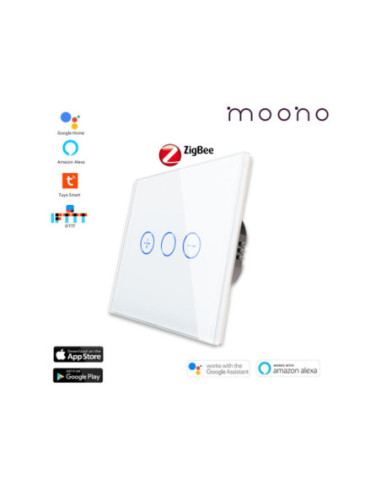 Întrerupător smart Zigbee touch dimmer (variator) TUYA, panou sticlă, cu nul, Moono, alb