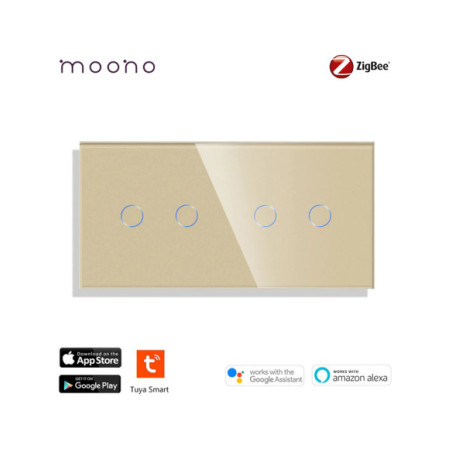 Întrerupător smart Zigbee touch dublu + dublu TUYA, panou sticlă, cu nul, Moono, alb