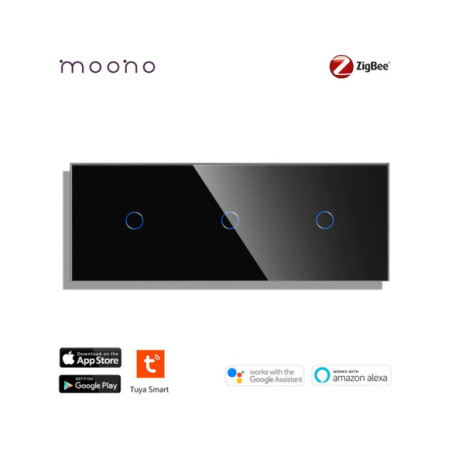 Întrerupător smart Zigbee touch simplu + simplu + simplu TUYA, panou sticlă, fără nul, Moono, alb