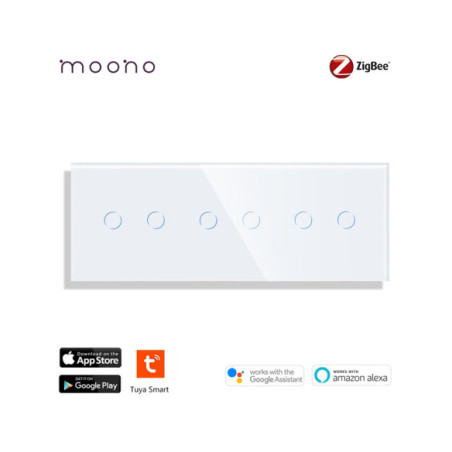 Întrerupător smart Zigbee touch dublu + dublu + dublu TUYA, panou sticlă, fără nul, Moono, alb