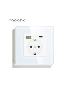 Priza Schuko + USB A + USB C, ramă din sticlă, Moono, alb