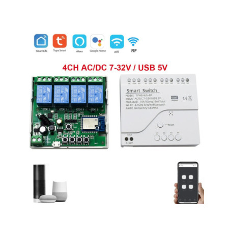 Releu smart WiFi+RF cu 4 canale, 5V-32V, dry contact, compatibil Tuya + Carcasa