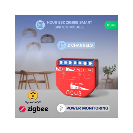 Nous B3Z - modul Smart cu 2 canale cu monitorizare consum Zigbee