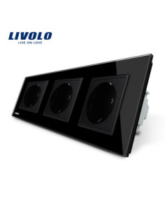 Priză triplă Schuko cu Ramă din sticlă Livolo, negru