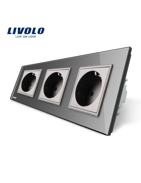 Priză triplă Schuko cu Ramă din sticlă Livolo, gri
