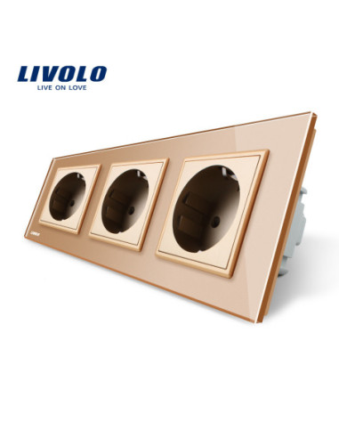 Priză triplă Schuko cu Ramă din sticlă Livolo, auriu